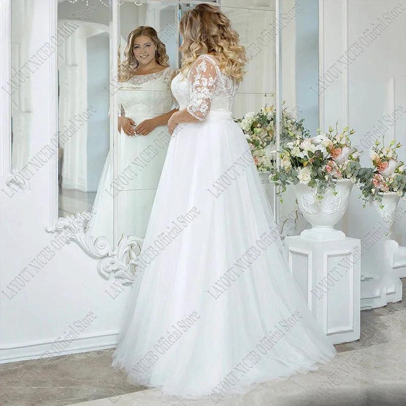Vintage Beach Wedding Dress Plus Size Boho Lace Applique Three Quarter Sleeves Tulle Bride Gown A-Line Floor Length by payinti