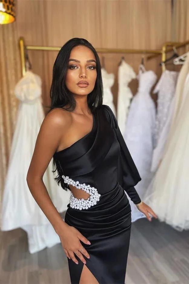 One Shoulder Long Sleeve Black Satin Evening Gown with Elegant Pleated Slit by BIZTUNNEL