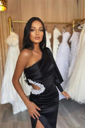One Shoulder Long Sleeve Black Satin Evening Gown with Elegant Pleated Slit by BIZTUNNEL