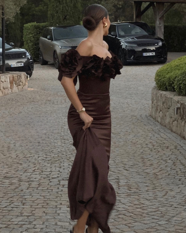 Braunes Luxus-Meerjungfrau-Abendkleid, schulterfrei, langes Ballkleid Y7592