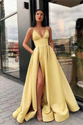 Elegant Long A-line V-Neck Front Slit Satin Prom Dress with Pockets by BIZTUNNEL