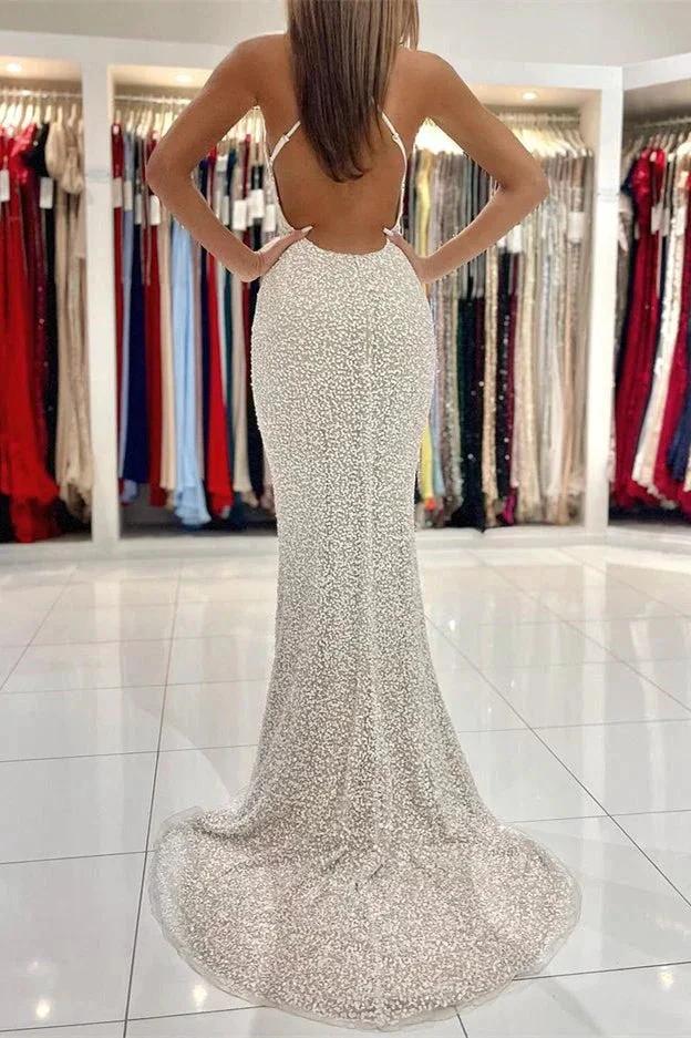 Spaghetti Straps Sequins Mermaid Prom Dress with Open Back by BIZTUNNEL