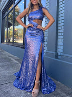 One Shoulder Sparkly Unique Black Mermaid Prom Dress by KissProm