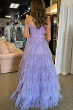 Acadia | A-Line Off the Shoulder Ruffle Tiered Tulle Long Prom Dress by KissProm