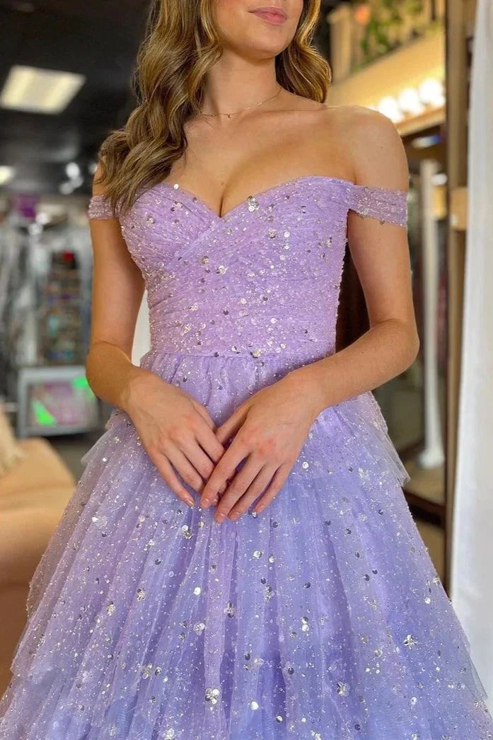 Acadia | A-Line Off the Shoulder Ruffle Tiered Tulle Long Prom Dress by KissProm