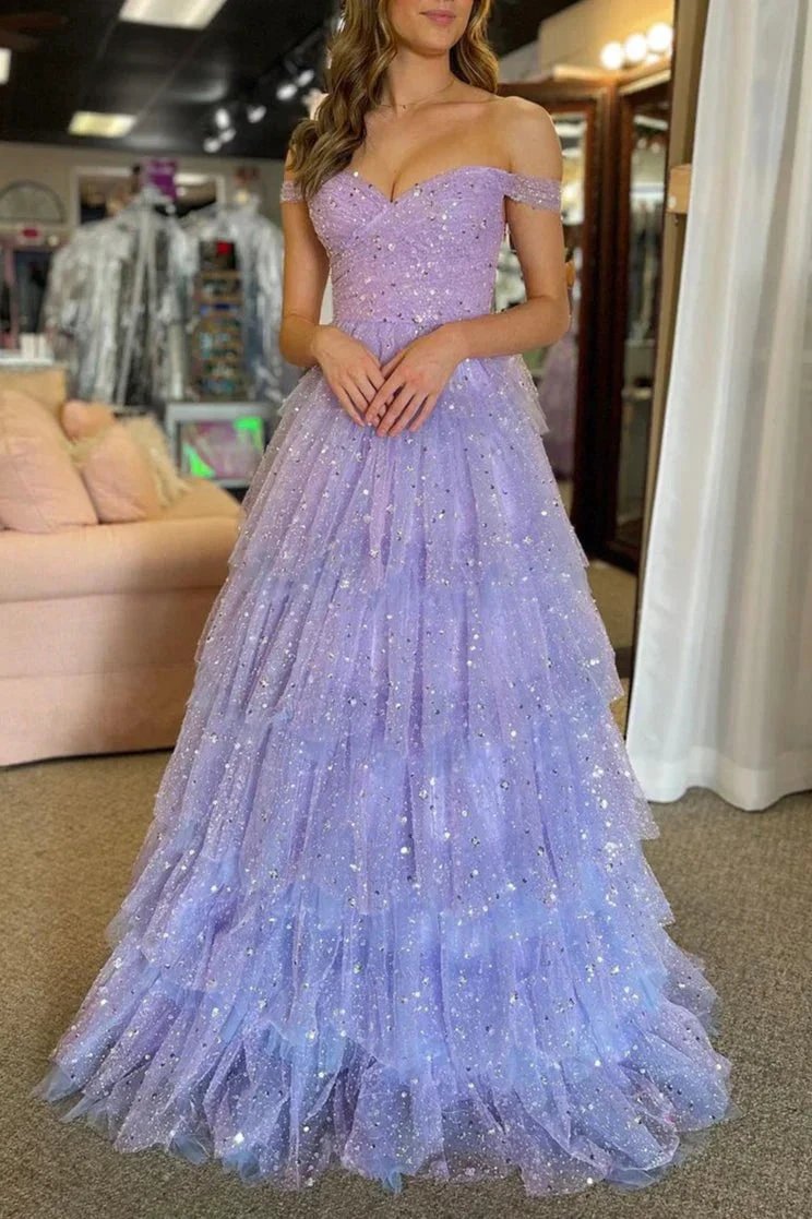 Acadia | A-Line Off the Shoulder Ruffle Tiered Tulle Long Prom Dress by KissProm
