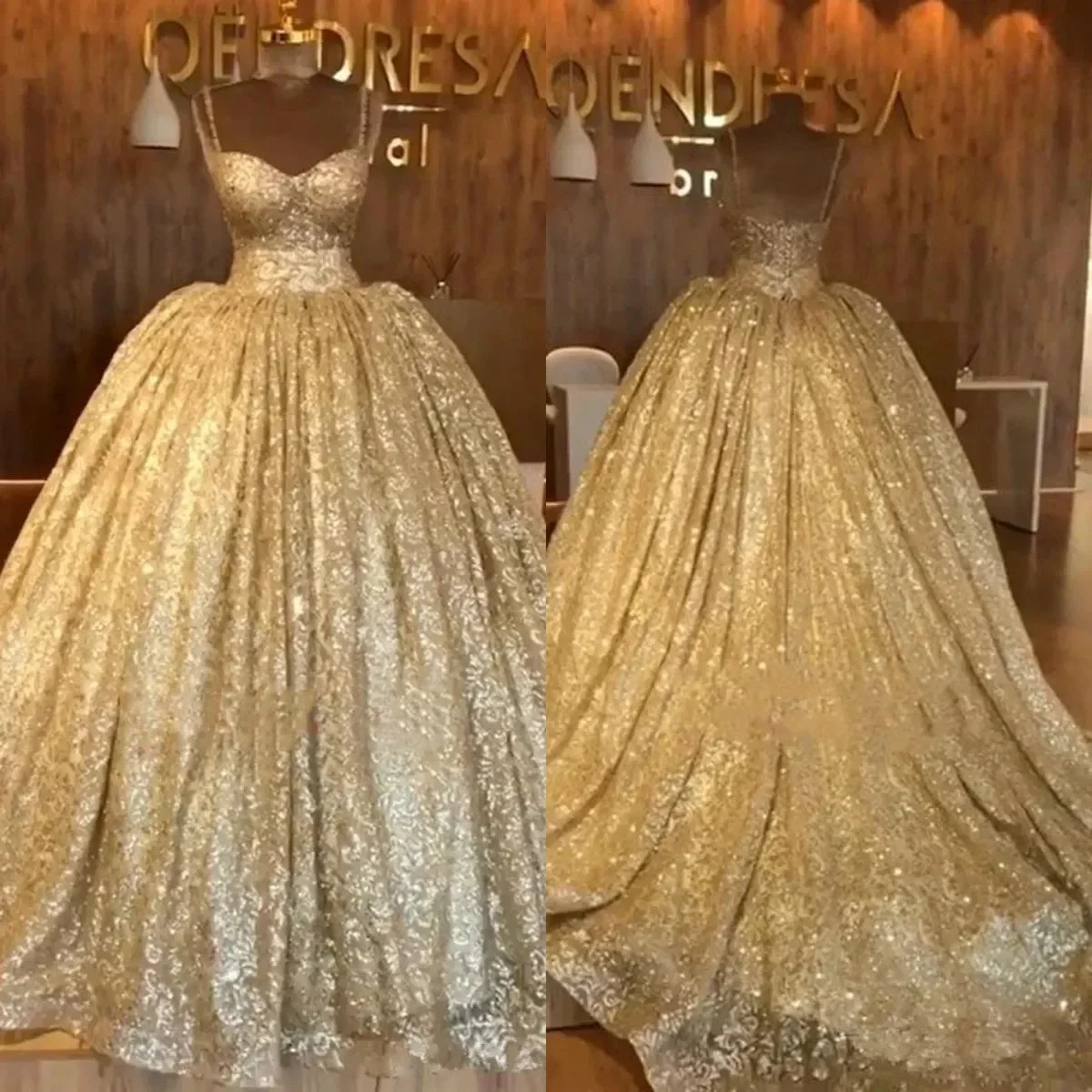 Spaghetti Straps Gold Evening Dress | Luxury Ball Gown Princess Prom Dress S19116 by simplepromdress