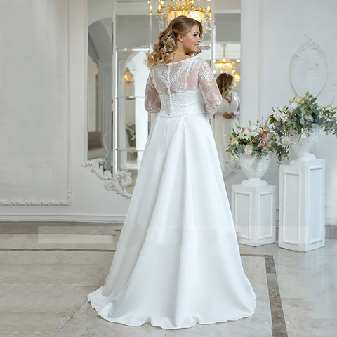 Strand Plus Size Brautkleid Frau Satin Bohemian Spitze Langarm V-Ausschnitt A-Linie Bodenlang Brautkleid Weiß 