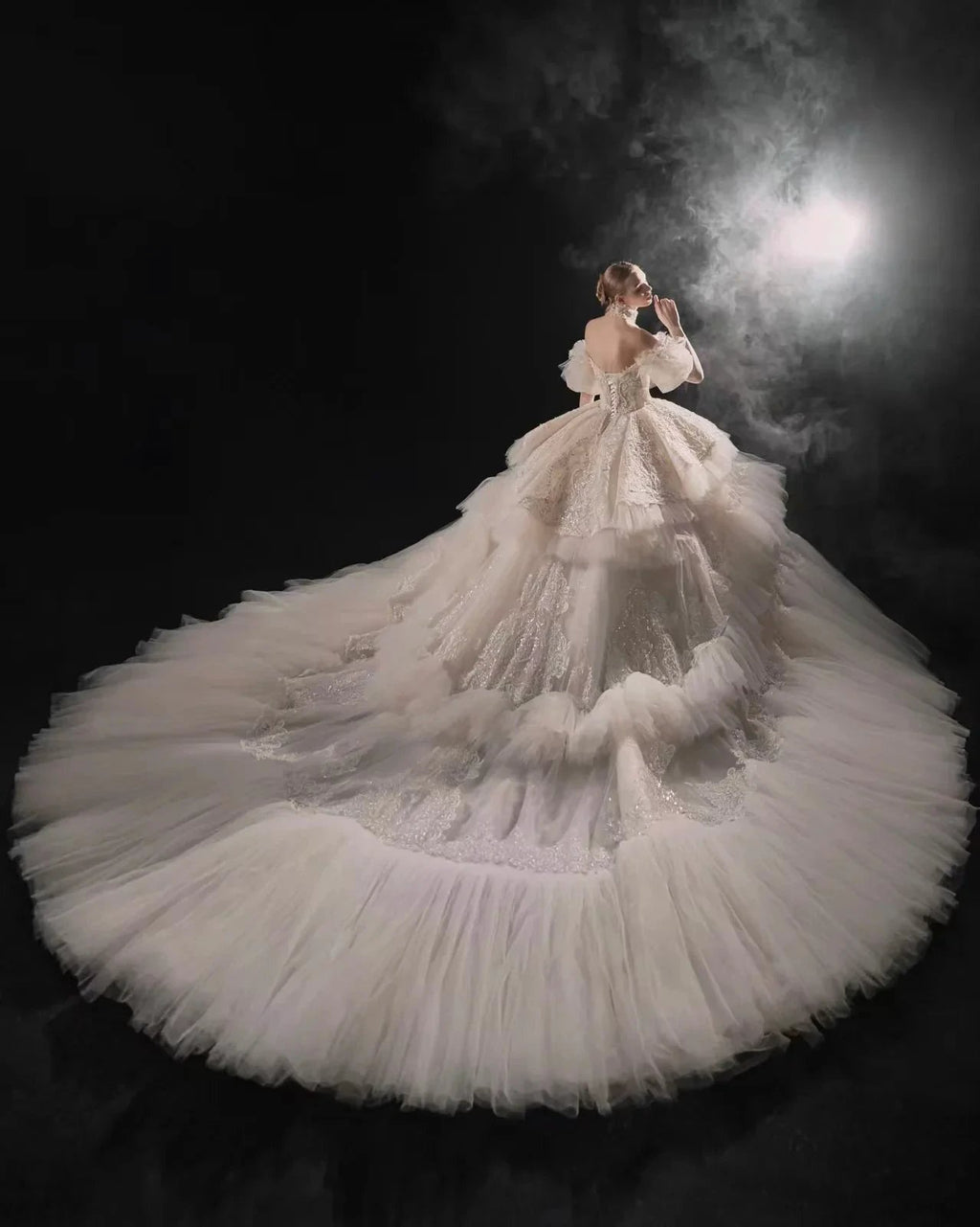 Opulent Off-the-Shoulder Ball Gown Tulle Puff Sleeve Beaded Lace Wedding Dress with Layered Ruffled Train & Choker Q6001 by ZAPDRESS