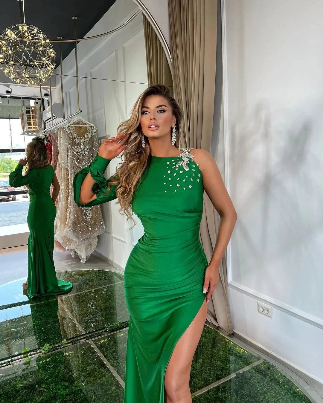 One Shoulder Green Satin Mermaid Prom Dress with Slit and Rhinestone by BIZTUNNEL