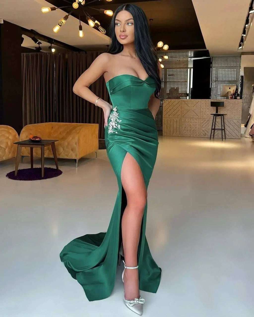 Emerald Green Strapless Sweetheart Mermaid Prom Dress Split with Rhinestones by BIZTUNNEL