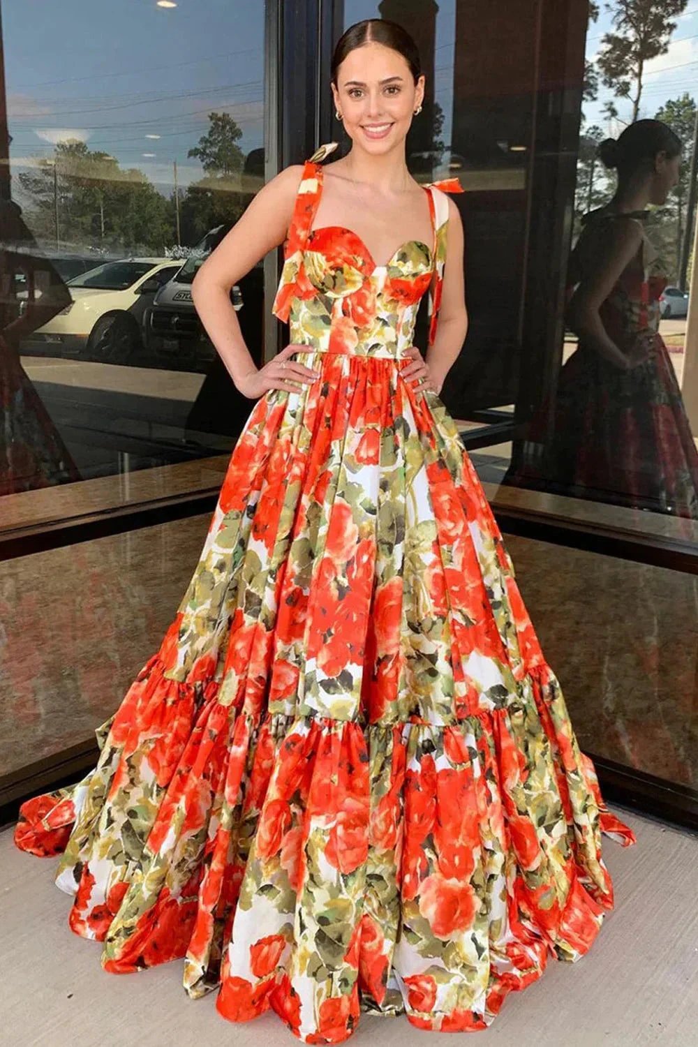 Adara | A-Line Floral Printed Satin Sweetheart Long Prom Dresses by KissProm