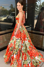 Adara | A-Line Floral Printed Satin Sweetheart Long Prom Dresses by KissProm