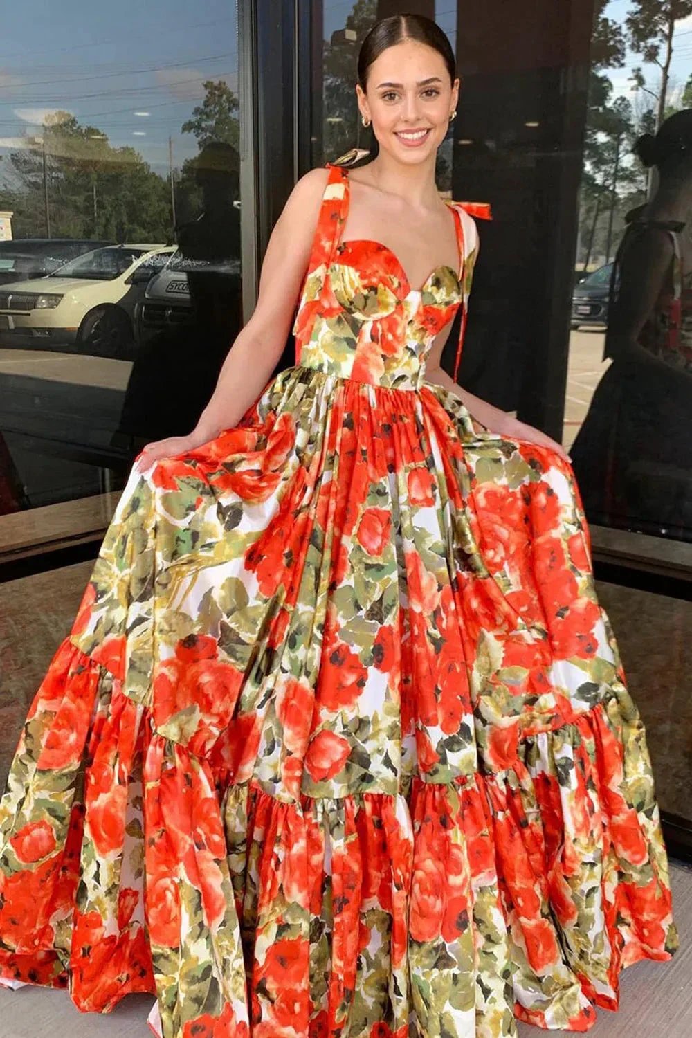 Adara | A-Line Floral Printed Satin Sweetheart Long Prom Dresses by KissProm