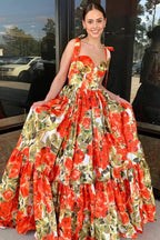 Adara | A-Line Floral Printed Satin Sweetheart Long Prom Dresses by KissProm