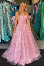 Adhara | Pink A Line Off the Shoulder Floral Printed Long Prom Dresses by KissProm