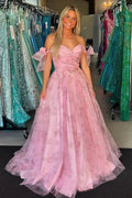 Adhara | Pink A Line Off the Shoulder Floral Printed Long Prom Dresses by KissProm