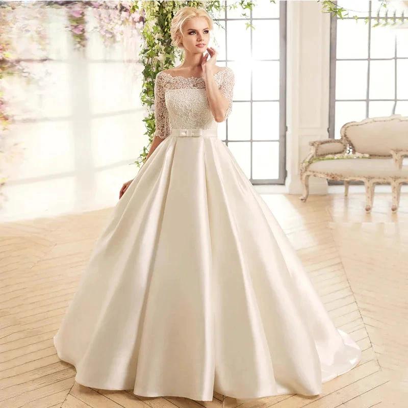 Elegant Lace Wedding Dresses For Women Half Sleevess Bride With Belt Bow Vestidos De Novia Boda Suknia Ślubna Robe Mariée by payinti