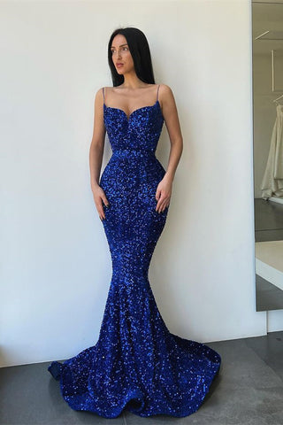Königliches blaues Meerjungfrau-Ballkleid mit Pailletten und eleganten Spaghettiträgern