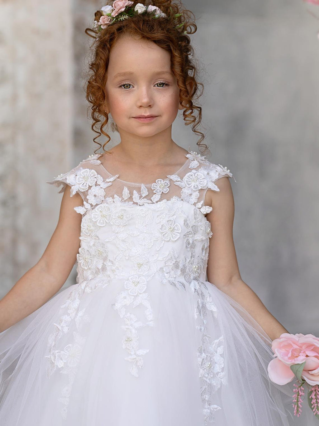 Ivory Princess Gown with Lace Appliques and Tulle Bow | Short Sleeve Ankle-Le… - photo 3