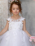 Ivory Princess Gown with Lace Appliques and Tulle Bow | Short Sleeve Ankle-Le… - photo 3
