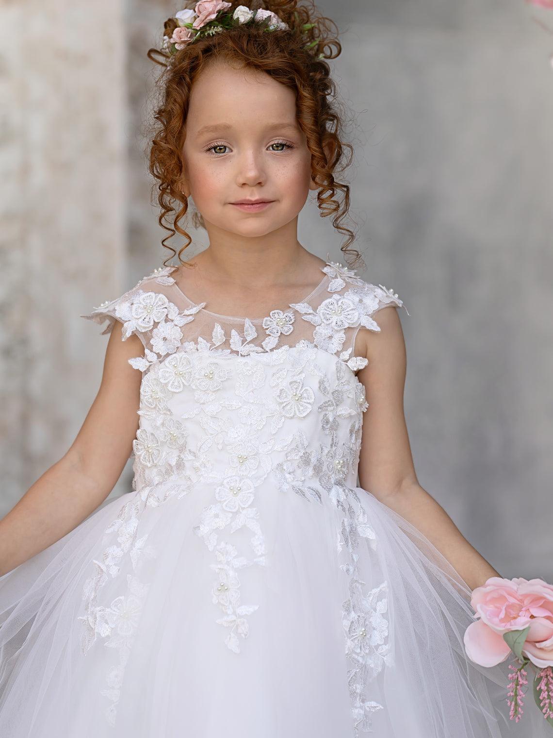 Ivory Princess Gown with Lace Appliques and Tulle Bow | Short Sleeve Ankle-Le… - photo 3