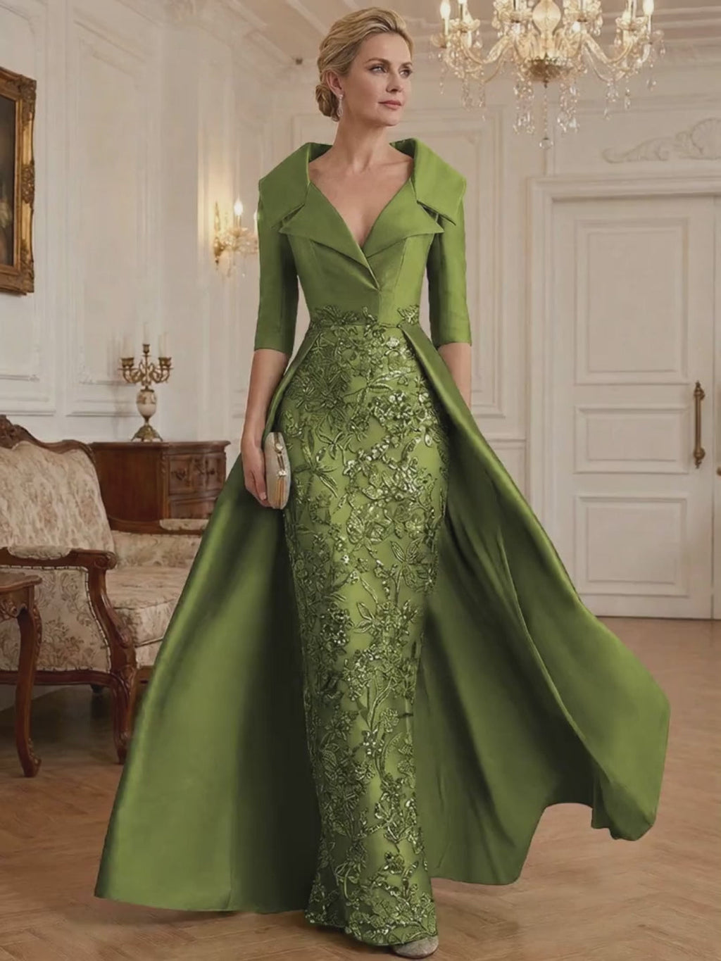 Sheath V Neck 3/4 Sleeve Sequined Mother of the Bride Dresses with Appliques (SHI22500209)