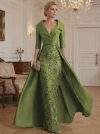 Sheath V Neck 3/4 Sleeve Sequined Mother of the Bride Dresses with Appliques (SHI22500209)