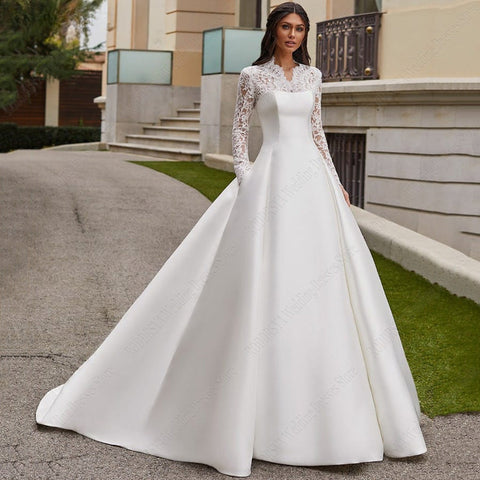 Satin Lace Ball Gowns For Bridal Appliques Full Sleeves Wedding Dresses Vestidos De Noiva Mariage Princess Custom Made