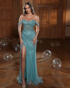 Long Mermaid Off the Shoulder Tulle Beads Sequins Prom Dresses with Slit by BIZTUNNEL
