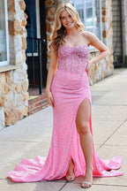 Aeliana | Pink Strapless Sequins Mermaid Long Prom Dress With Split by KissProm