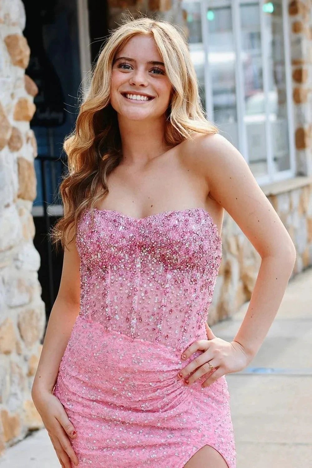 Aeliana | Pink Strapless Sequins Mermaid Long Prom Dress With Split by KissProm