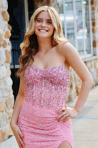 Aeliana | Pink Strapless Sequins Mermaid Long Prom Dress With Split by KissProm