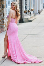 Aeliana | Pink Strapless Sequins Mermaid Long Prom Dress With Split by KissProm