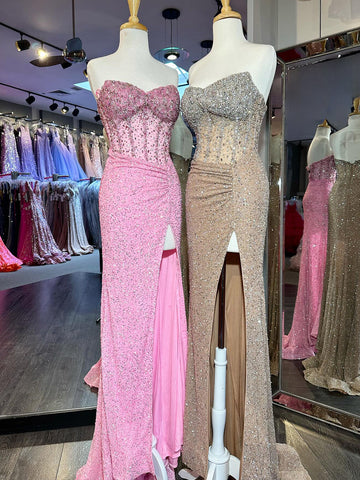 Aeliana | Rosa trägerloses langes Meerjungfrau-Ballkleid mit Pailletten und Schlitz