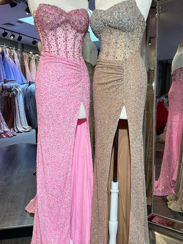 Aeliana | Rosa trägerloses langes Meerjungfrau-Ballkleid mit Pailletten und Schlitz