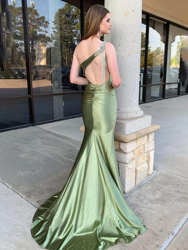 Aethera | Sage Beaded Mermaid One Shoulder Satin Prom Dress with Slit Main Image