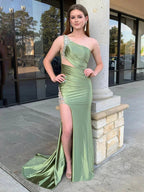Aethera | Sage Beaded Mermaid One Shoulder Satin Prom Dress with Slit by KissProm