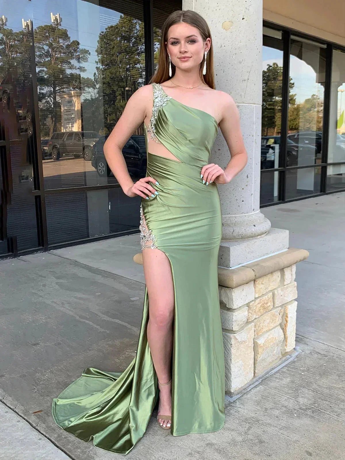 Aethera | Sage Beaded Mermaid One Shoulder Satin Prom Dress with Slit by KissProm