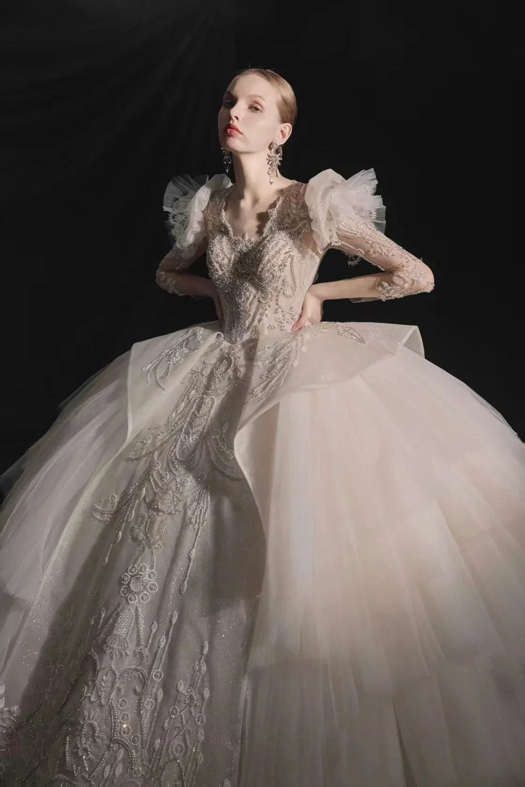 Glamorous V-Neck Ball Gown Long Lace Sleeve Beaded Embroidery Wedding Dress with Ruffled Train E315 by ZAPDRESS