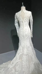 V-neck long sleeved luxurious nail bead trailing bridal veil by ZAPDRESS