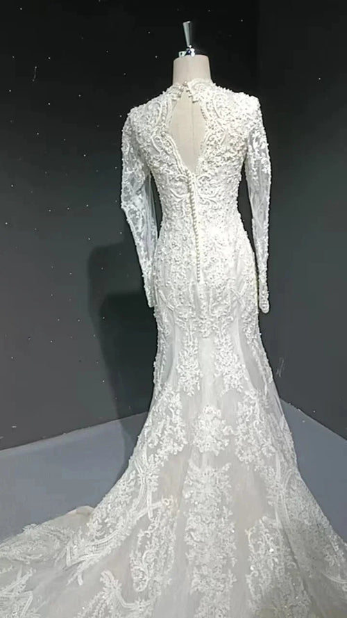 V-neck long sleeved luxurious nail bead trailing bridal veil by ZAPDRESS