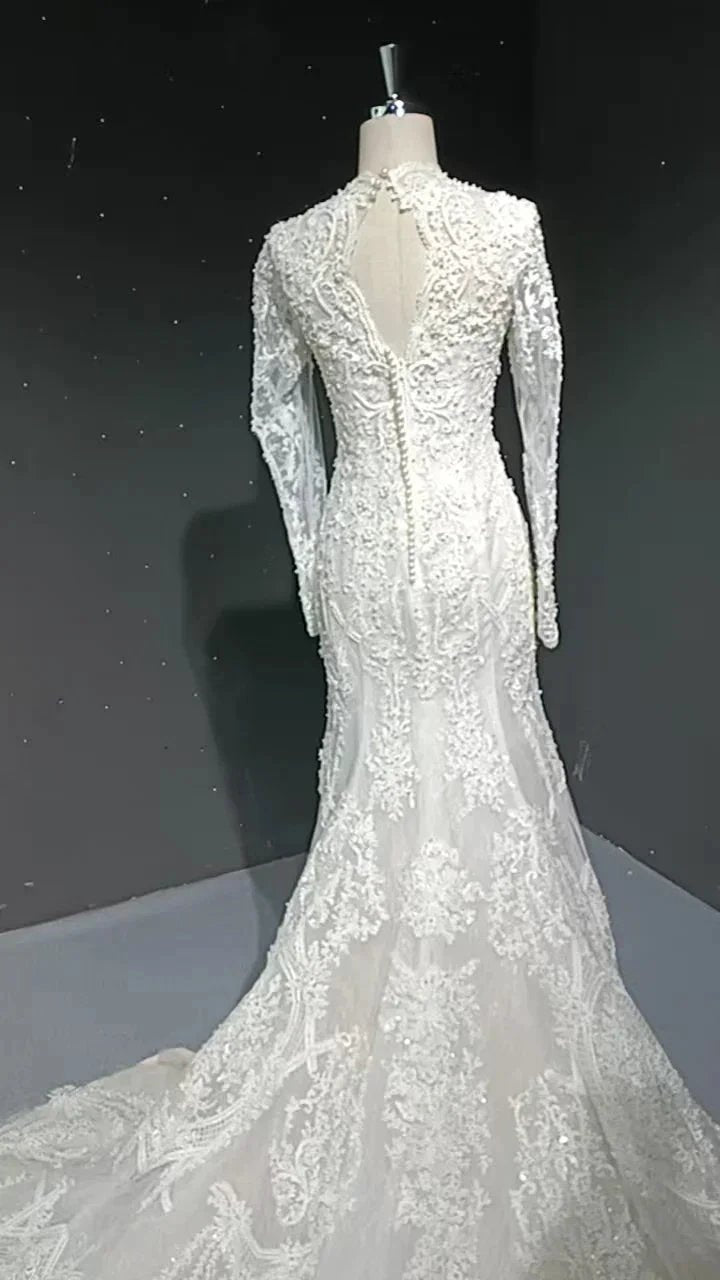 V-neck long sleeved luxurious nail bead trailing bridal veil by ZAPDRESS