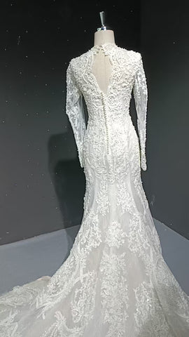 V-neck long sleeved luxurious nail bead trailing bridal veil