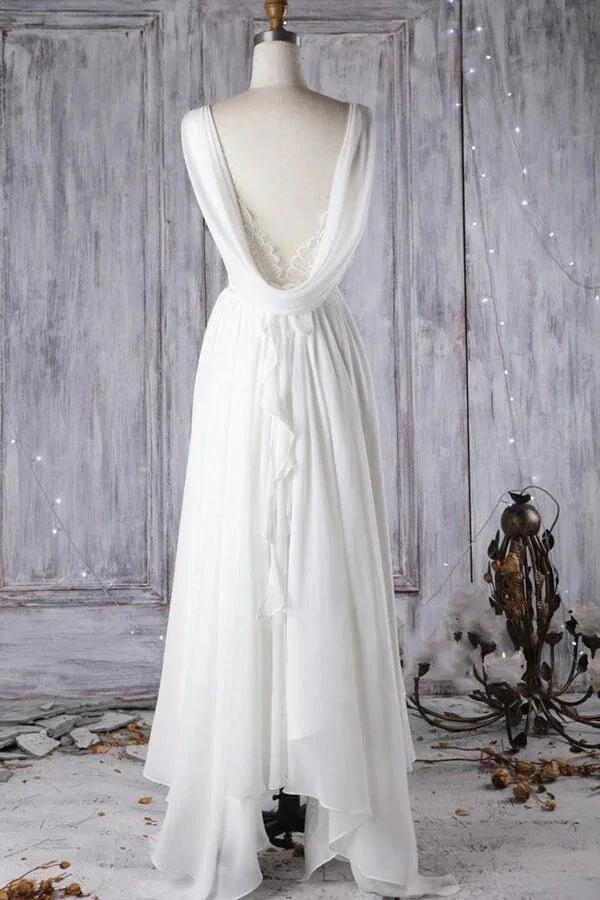 Affordable A-line Asymmetric Lace Chiffon Open Back Wedding Dress by BIZTUNNEL