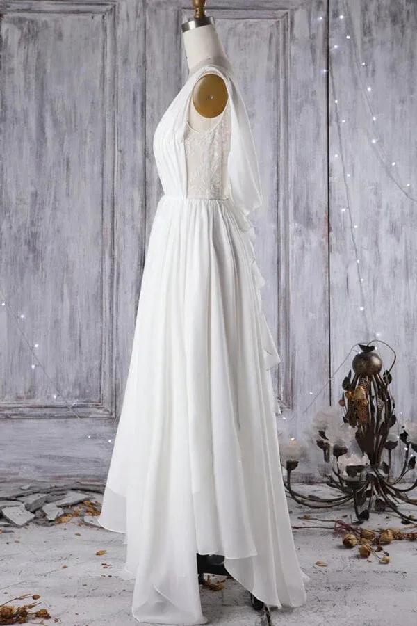Affordable A-line Asymmetric Lace Chiffon Open Back Wedding Dress by BIZTUNNEL