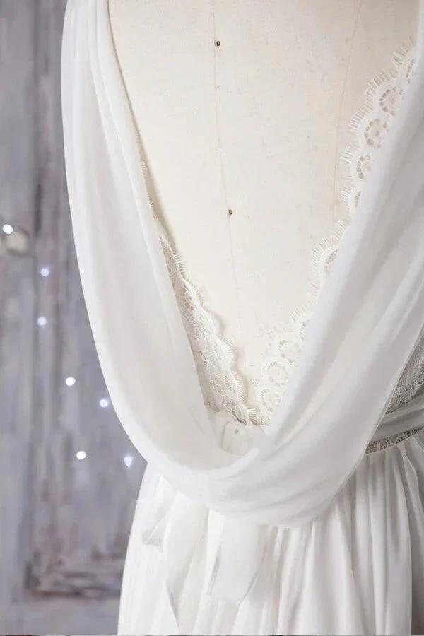 Affordable A-line Asymmetric Lace Chiffon Open Back Wedding Dress by BIZTUNNEL
