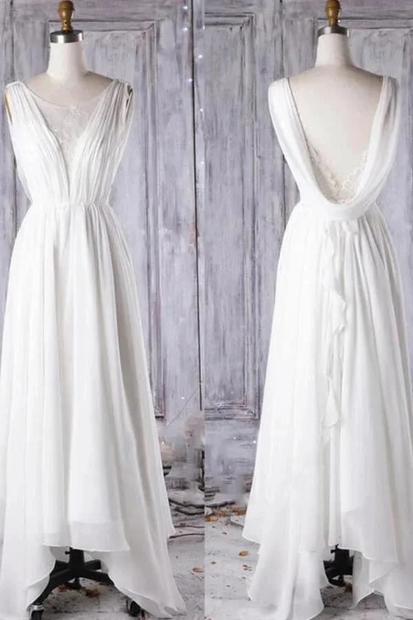 Affordable A-line Asymmetric Lace Chiffon Open Back Wedding Dress by BIZTUNNEL