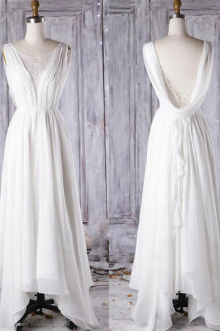 Erschwingliches A-Linien-Brautkleid mit asymmetrischer Spitze und offenem Rücken aus Chiffon