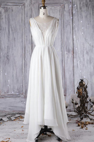Erschwingliches A-Linien-Brautkleid mit asymmetrischer Spitze und offenem Rücken aus Chiffon